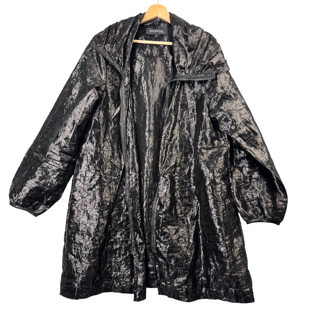 Mycra Pac Life Scroll Raincoat Black Hooded Zip Jacket Size S/M Long Sleeve